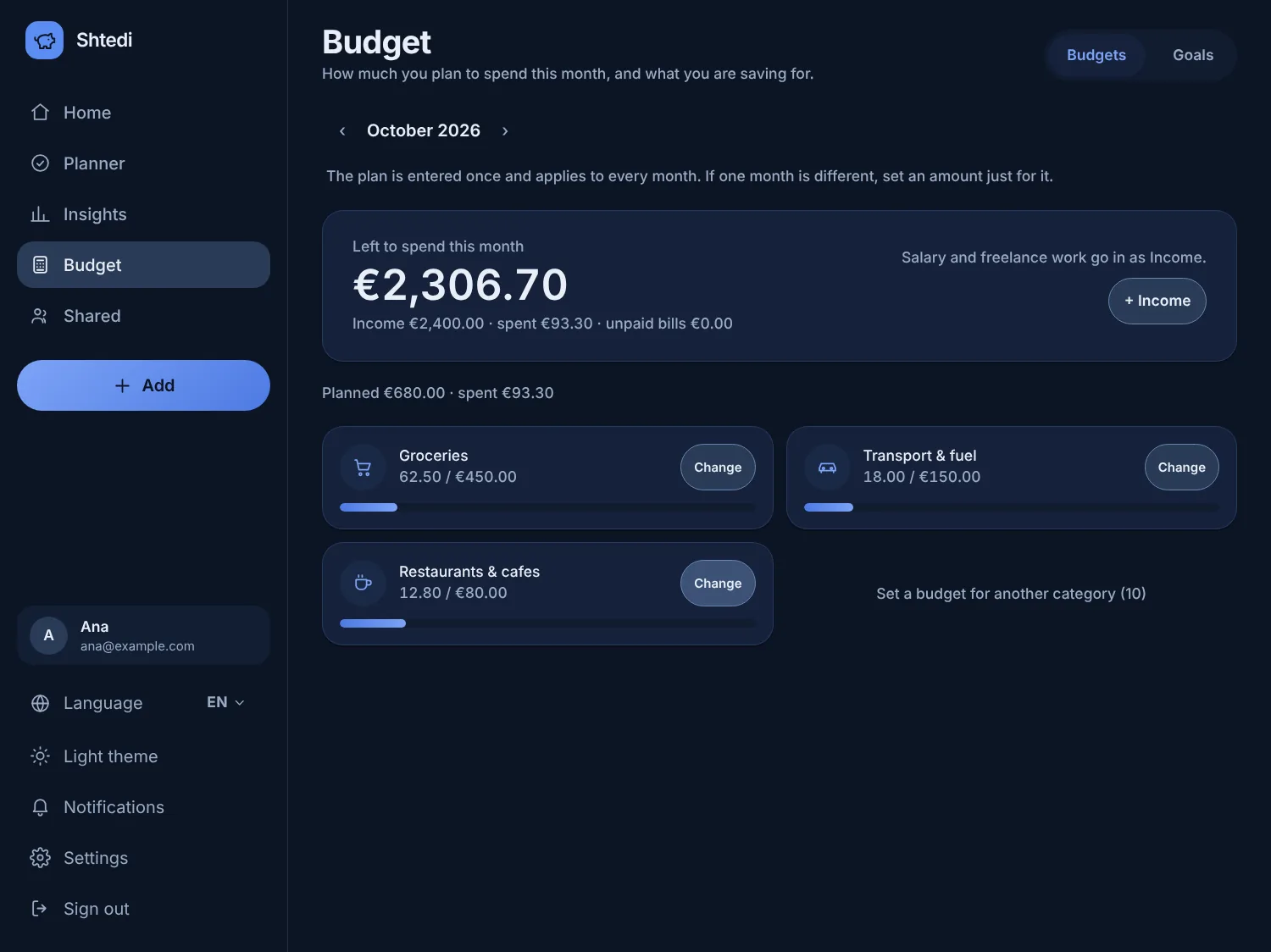 The Shtedi budget screen for October 2026 with a plan for each spending category and what is left.