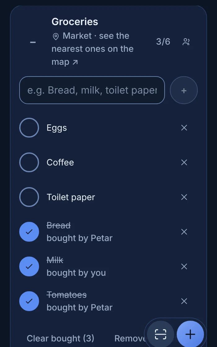 A shared Groceries list in Shtedi: bread and tomatoes bought by Petar, milk bought by you, eggs, coffee and toilet paper still to buy.