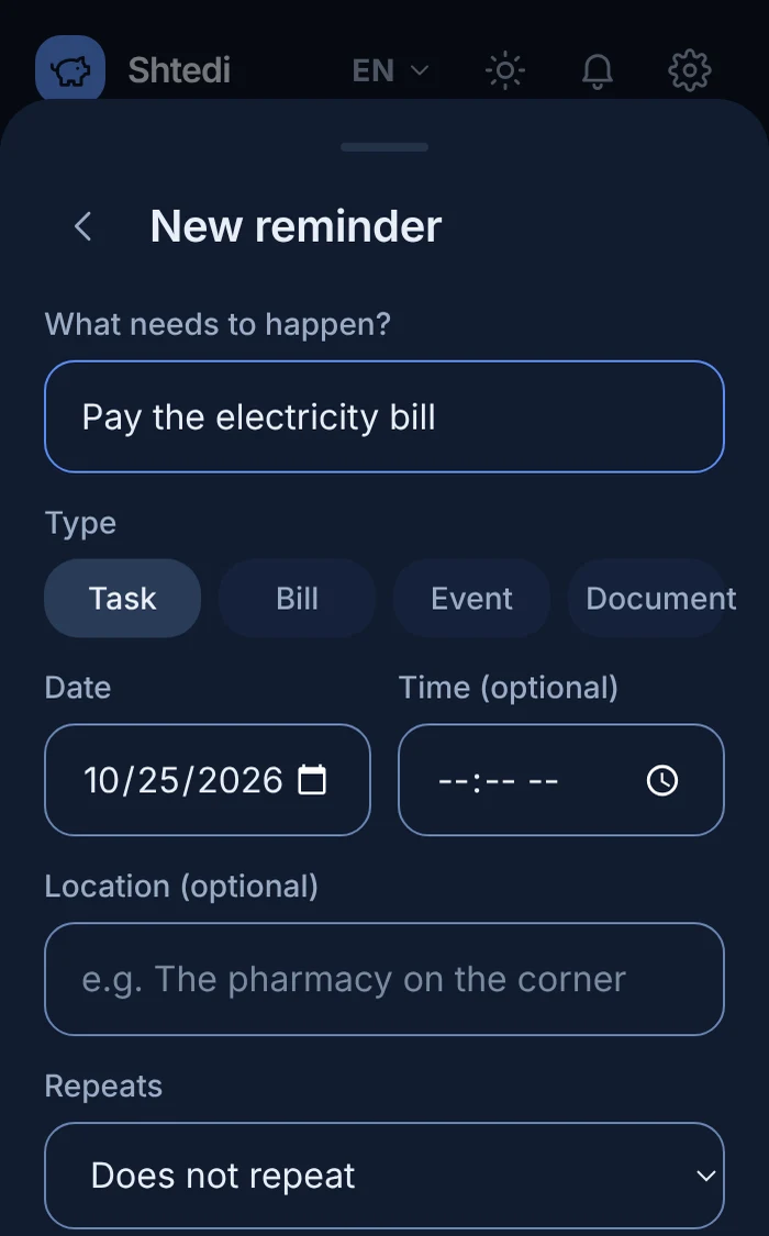 The new reminder form in the Shtedi planner, with fields for what needs to happen, type, date, time, location and repeat.